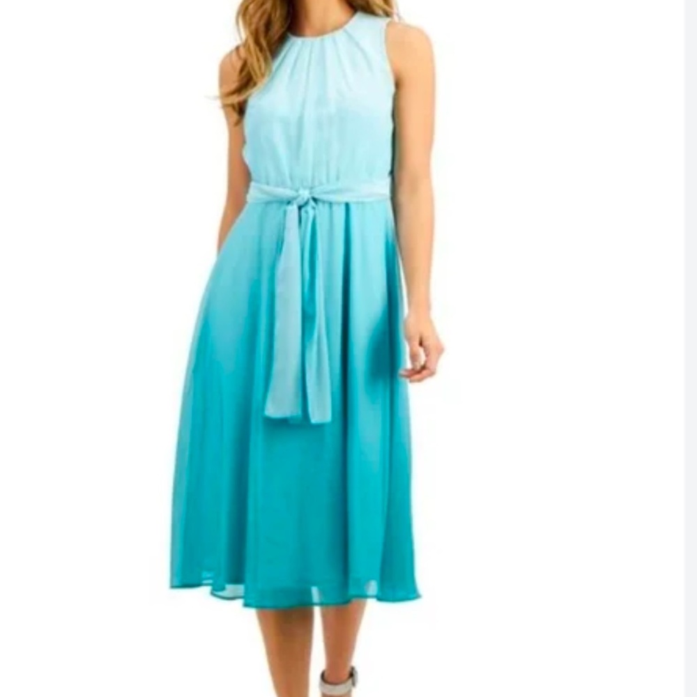 NWT CALVIN KLEIN Ombre Chiffon Belted Midi Dress in Turquoise